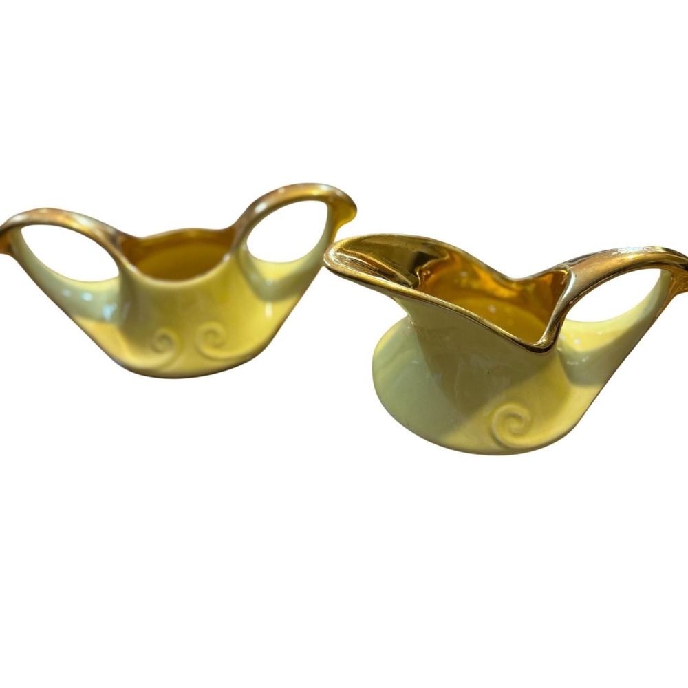 Vintage‎ Yellow Ceramic Creamers yellow Gold Trim Mid Century Set of 2